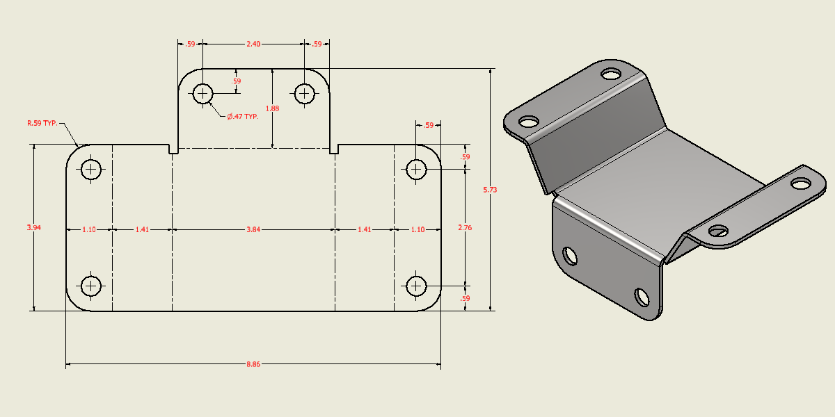 Fabrication drawing with detailed dimensions and 3D bracket render